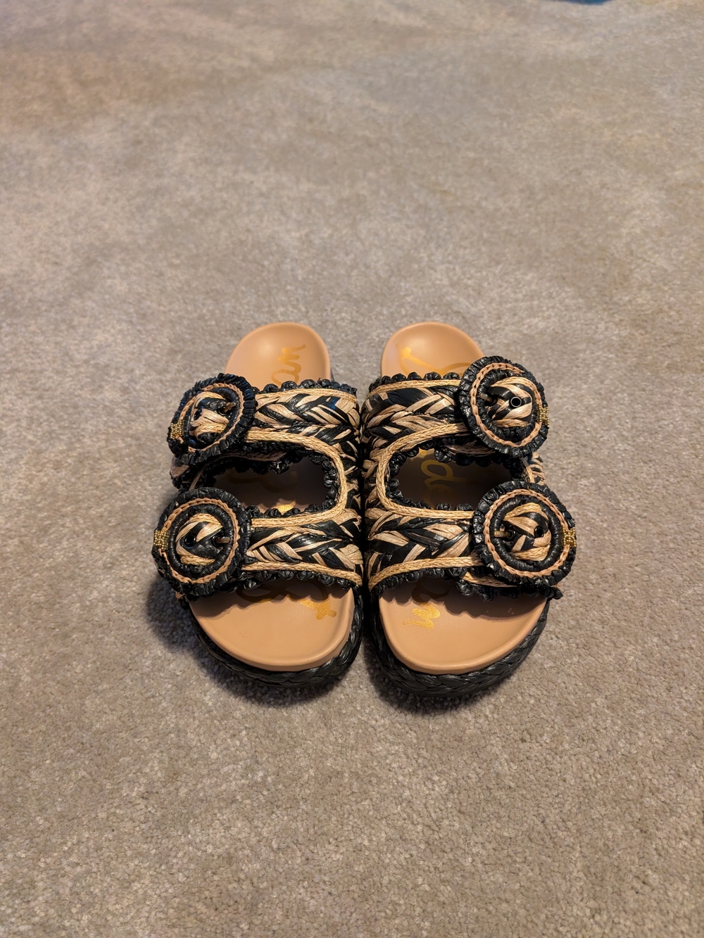 Women's Sam Edelman Braided Double-Strap Slide Sandals in Tan and Black